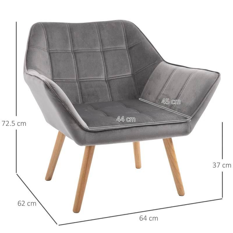 Grey armchair with tufted lattice back and seat, wide armrests, rubber wood legs