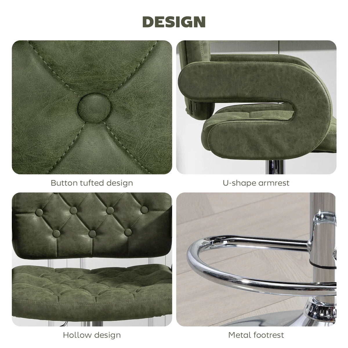 Green upholstered bar stool details: tufted seat and back, U-shaped armrests, metal footrest