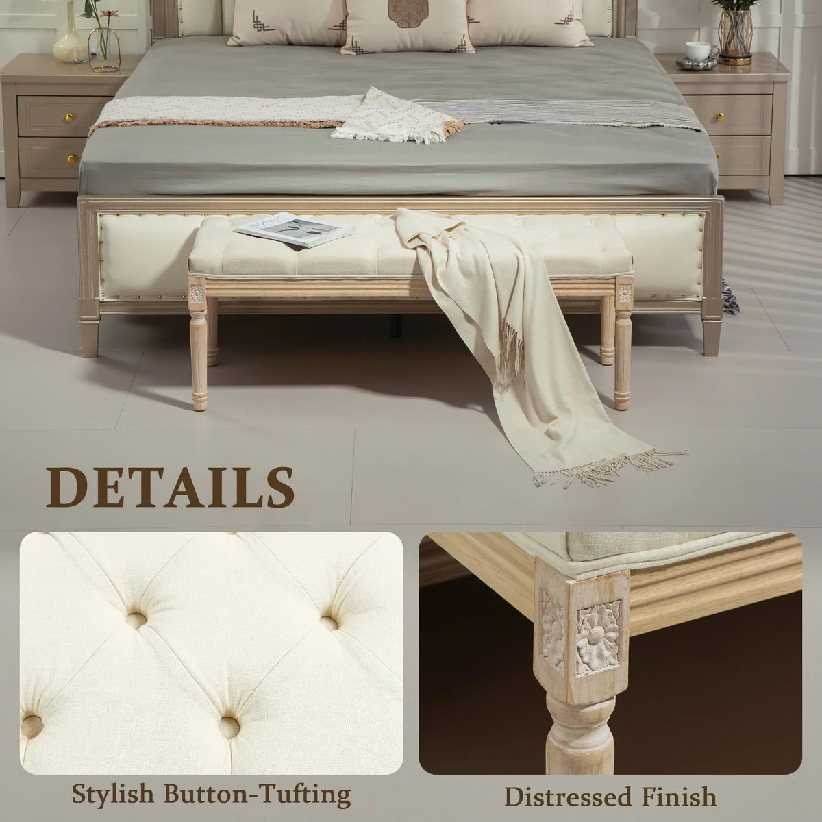 Cream button-tufted bed end bench with distressed wood frame and rounded leg details