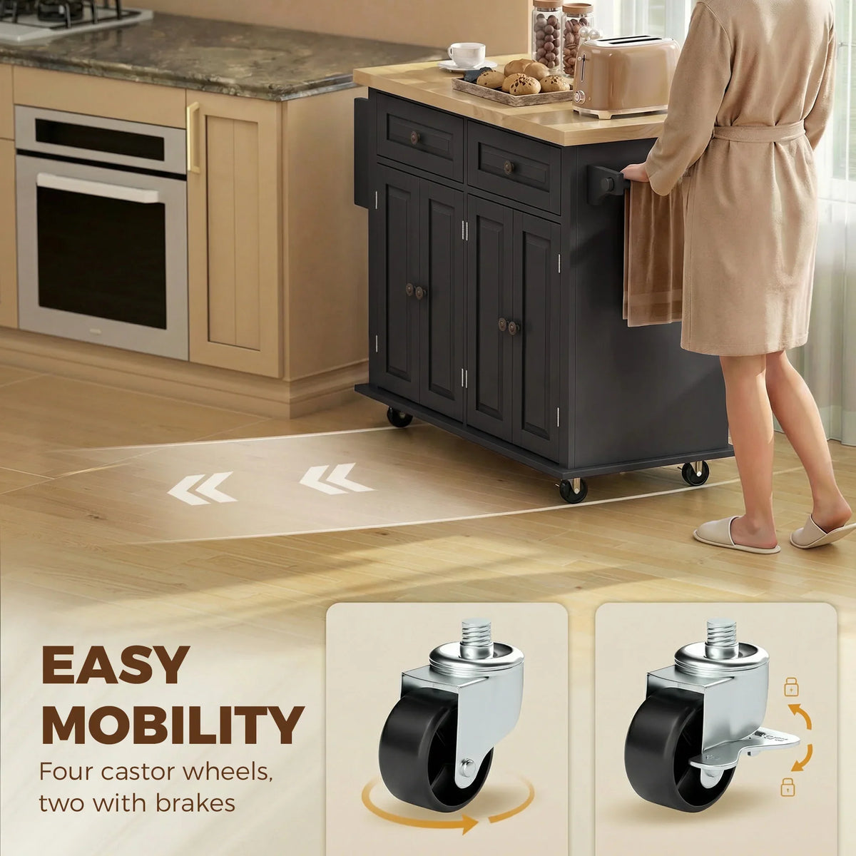 Black rolling kitchen island cart with rubberwood top and caster wheels with brakes
