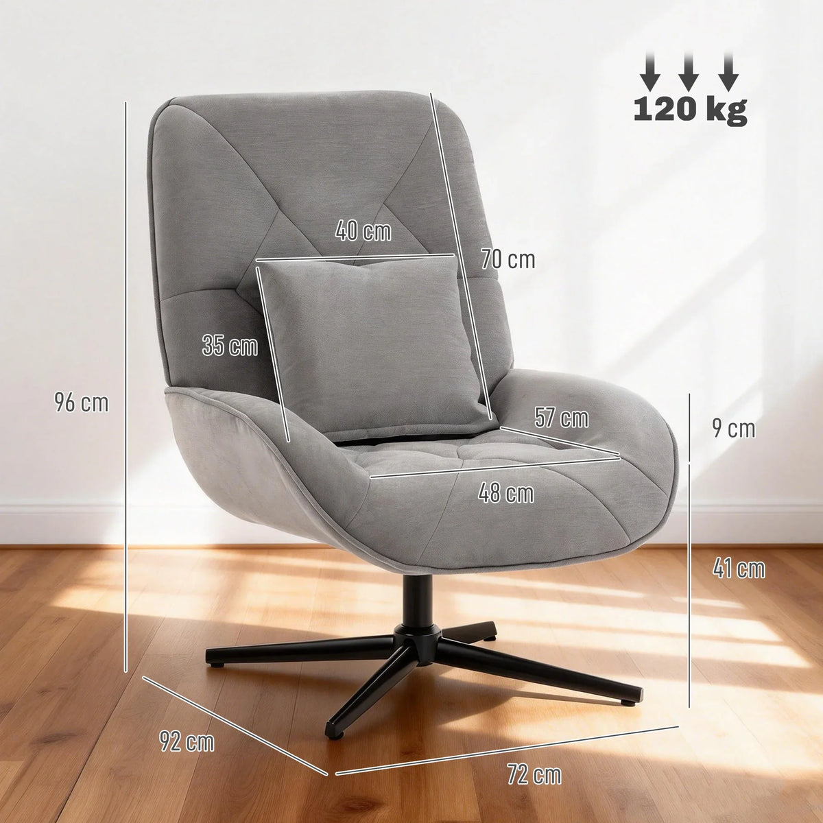 Light grey high-back swivel armchair with lumbar pillow, deep seat and black metal cross base