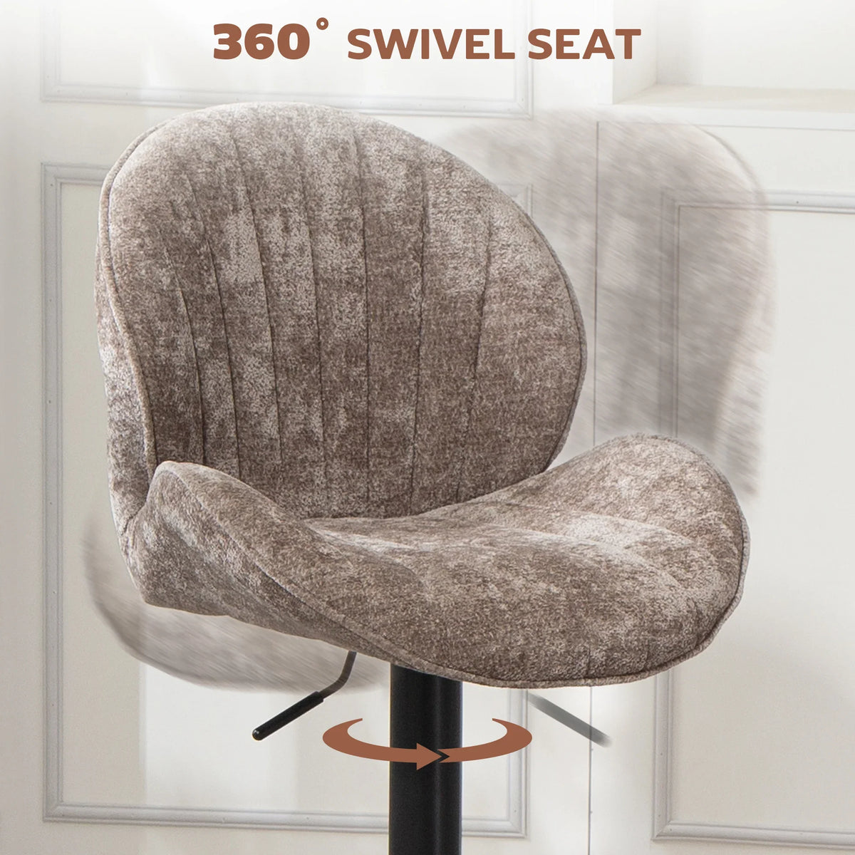 Brown swivel bar stool with tall cushioned back and arms, black gas lift column
