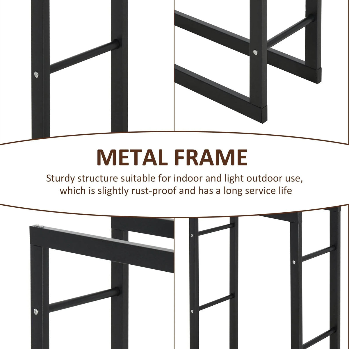 Black metal log rack with sturdy frame and crossbars for supporting firewood