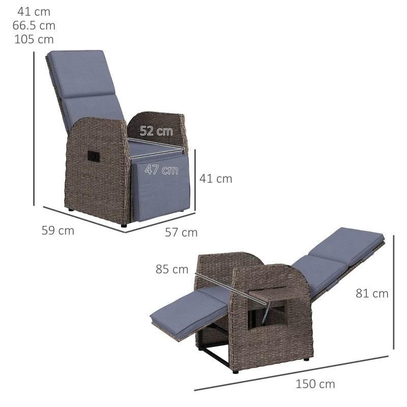 Brown PE rattan recliner chair with light-blue cushions, size diagram