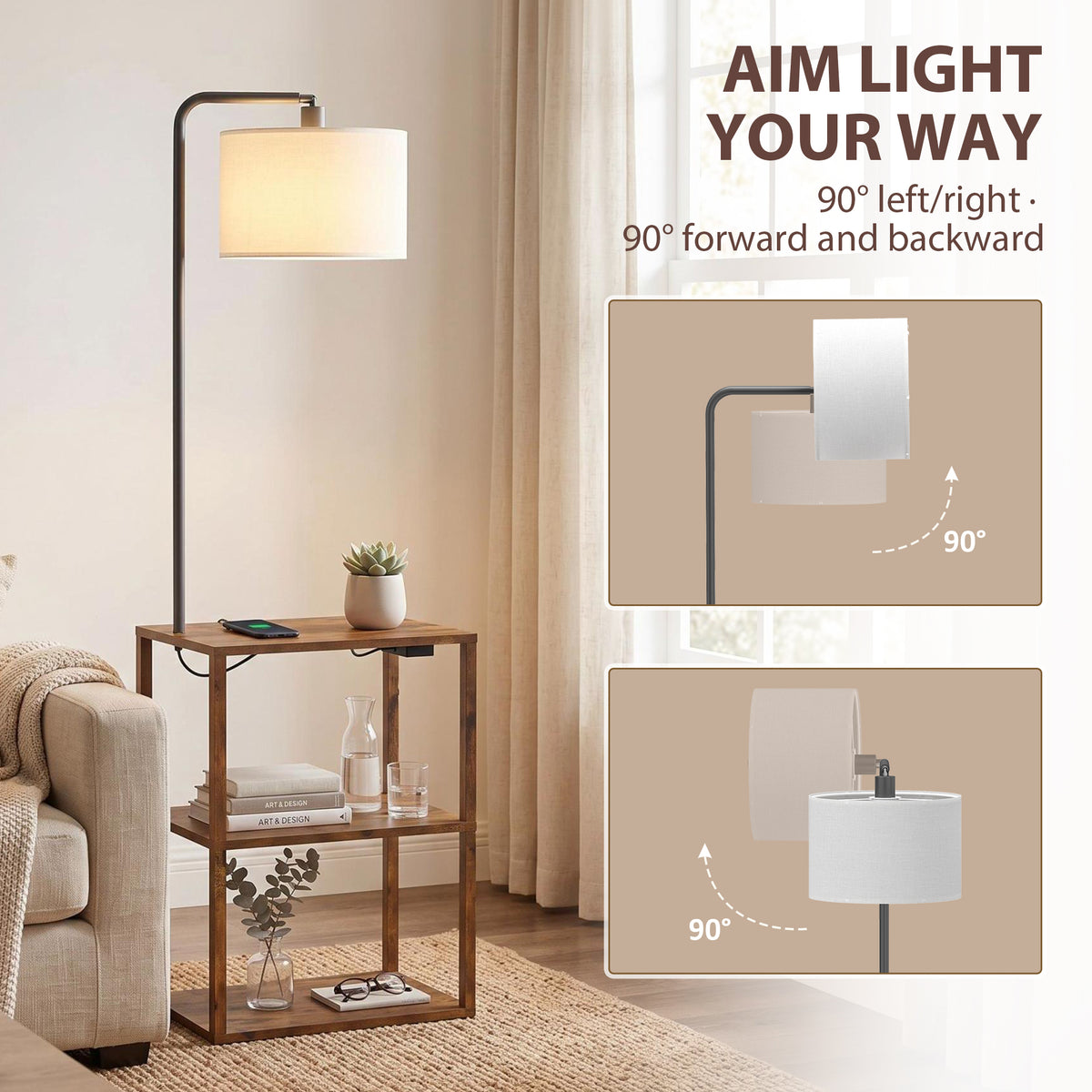 Brown floor lamp with 3-tier storage shelves and fabric shade on black stand