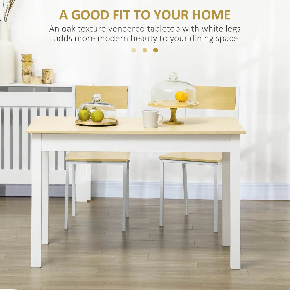 Dining table with oak-textured tabletop and white legs for modern dining spaces