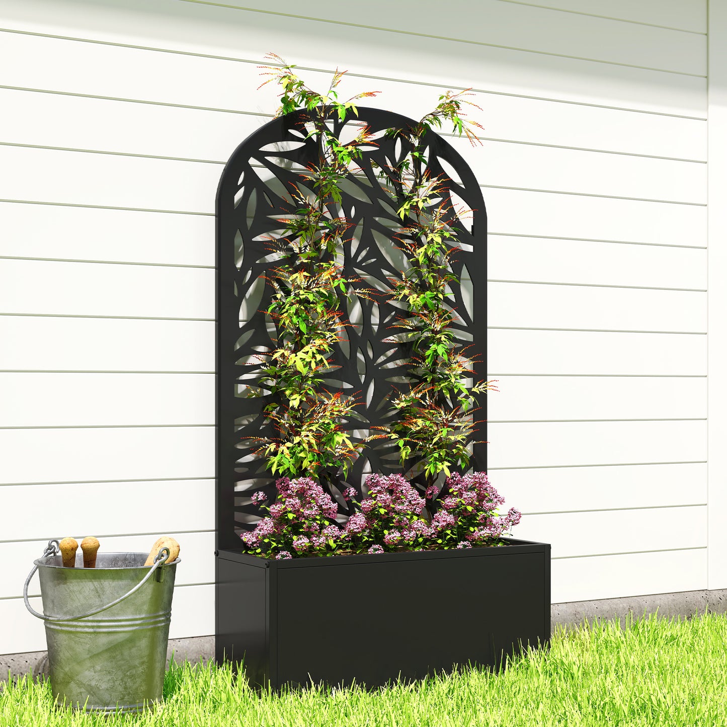 Outsunny Metal Garden Bed With Trellis, Wall Mounted Or Freestanding Raised Planter, Curved Privacy Screen
