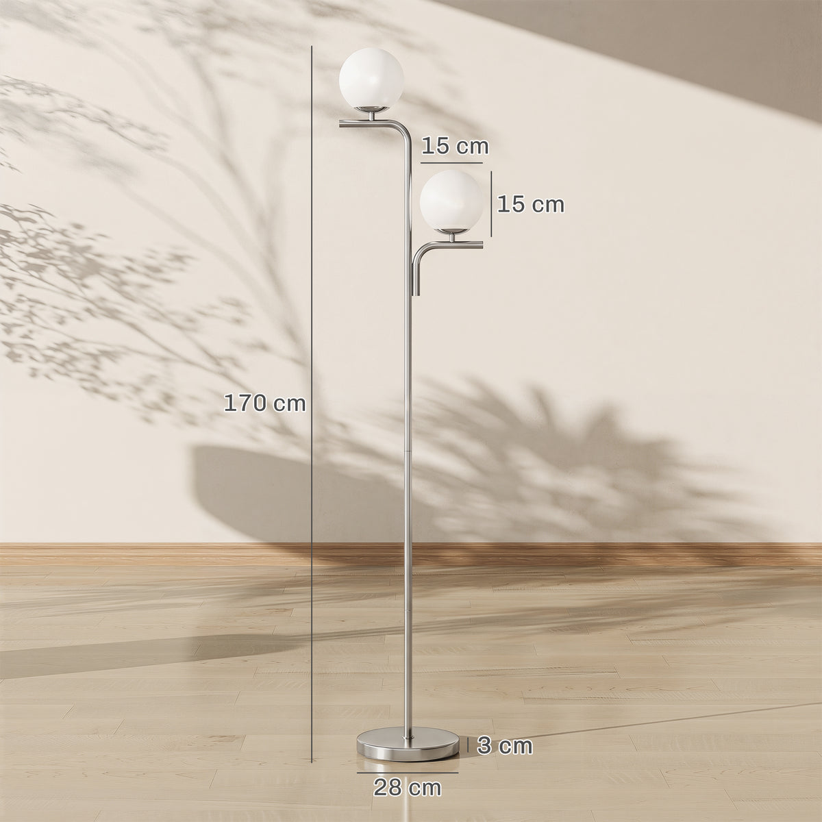Silver LED floor lamp with three setting control and globe glass shades