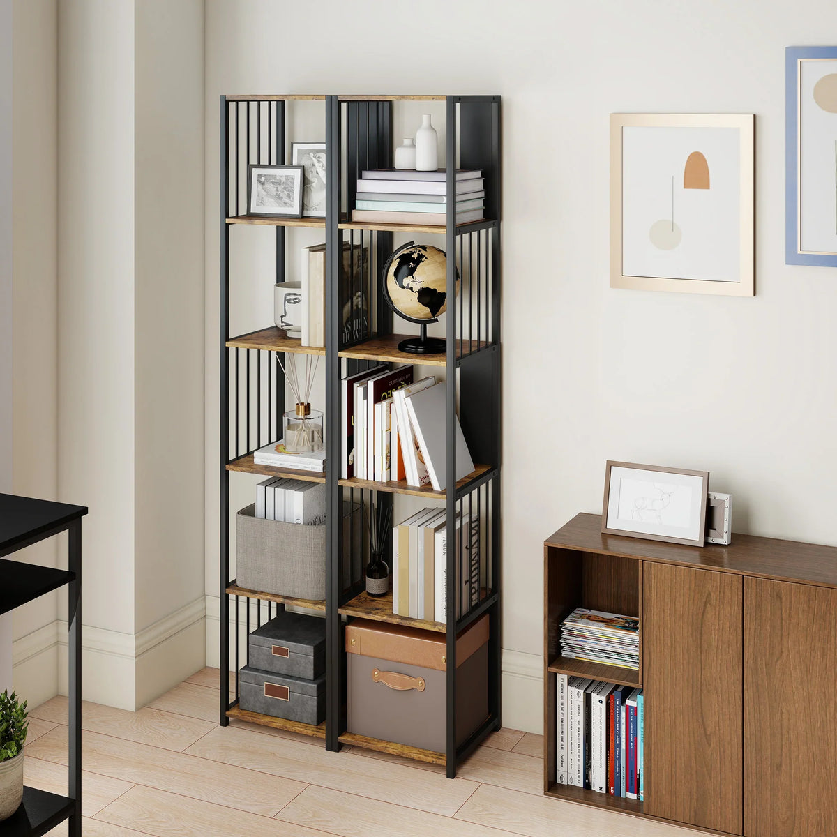 5-tier bookshelf with open shelves, black slatted sides, rustic brown wood-effect top