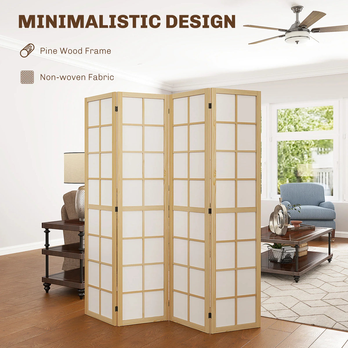 Four-panel folding room divider with light wood frame and white fabric grid, freestanding