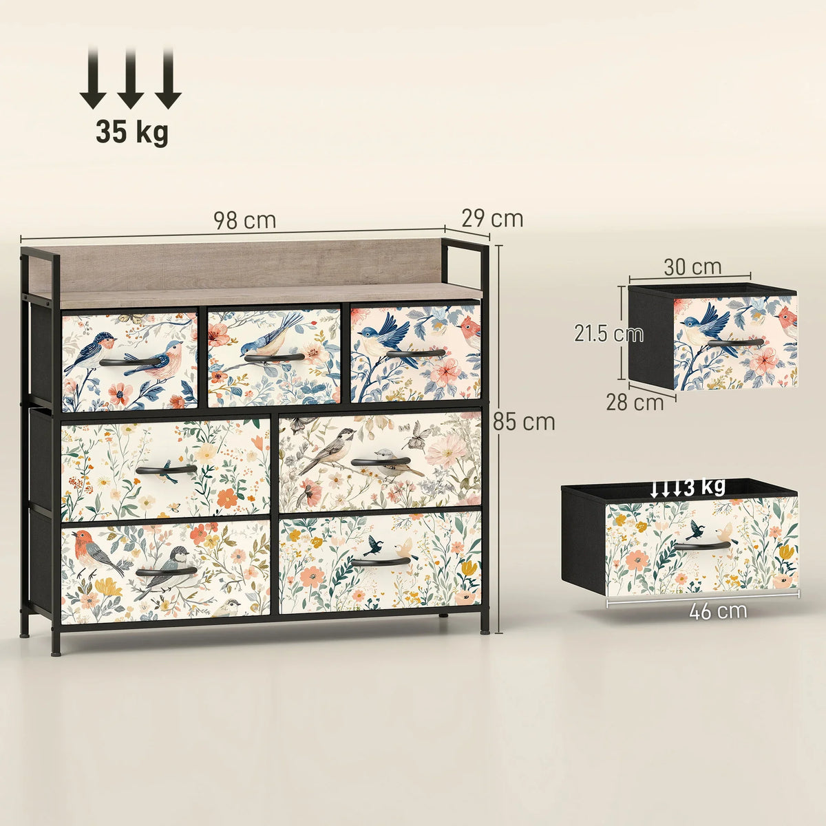 Patterned fabric chest of drawers with seven drawer fronts, size and weight shown