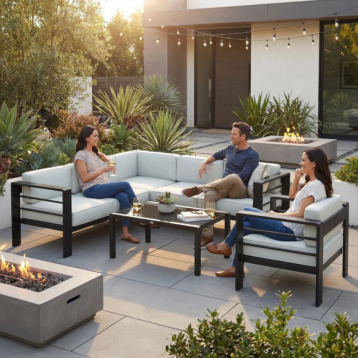 Outdoor sectional sofa set with light grey cushions and black coffee table, 6 seats