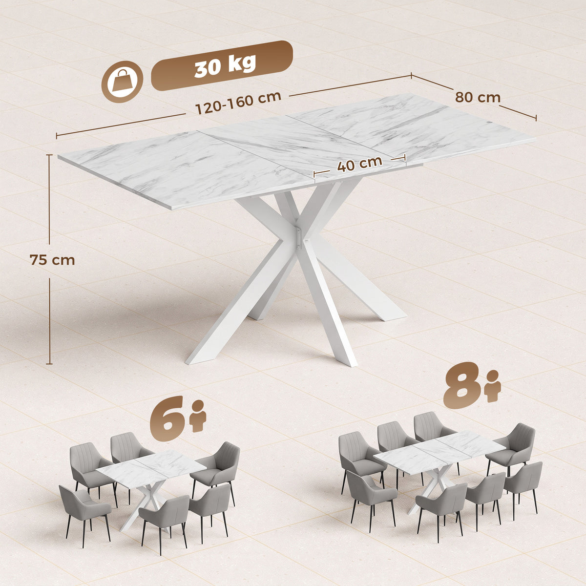 White extendable dining table with marble-look top and X-frame supports for 4 to 8
