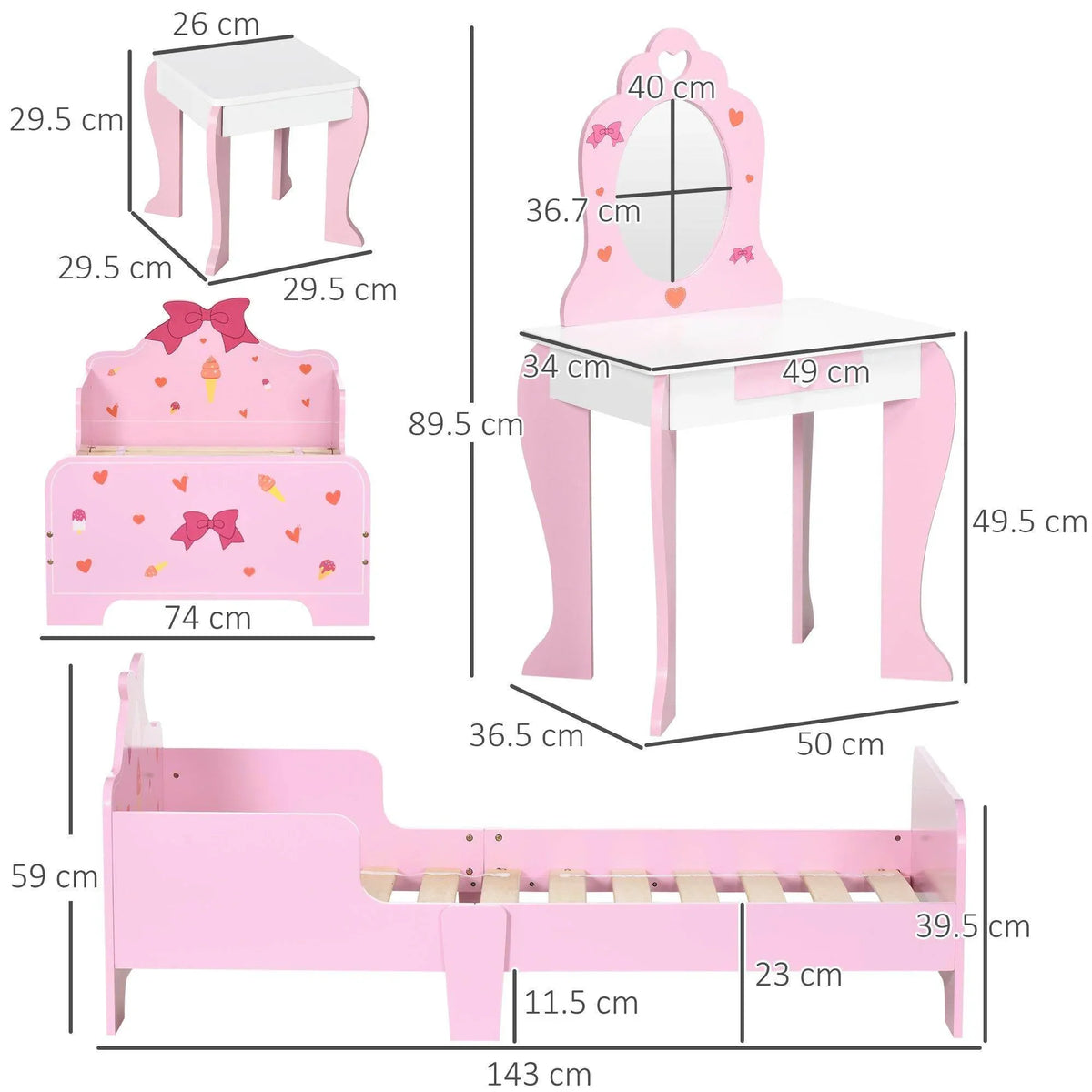 Pink kids bed and vanity set diagram showing dimensions and bow-heart decals