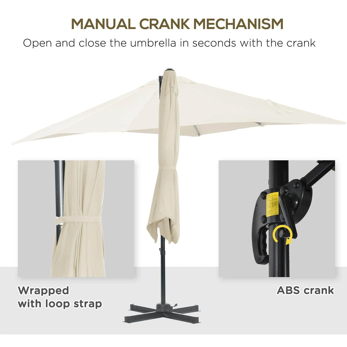 Cream square cantilever umbrella with manual crank mechanism and wrapped strap