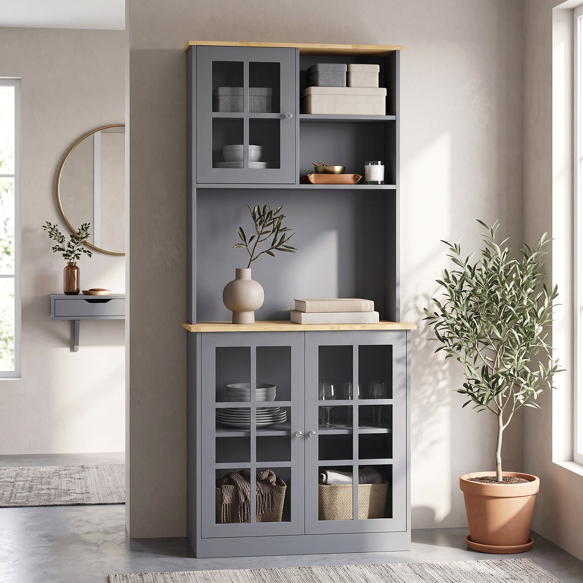Homcom Kitchen Buffet Hutch With Three Cabinets And Open Shelves Grey