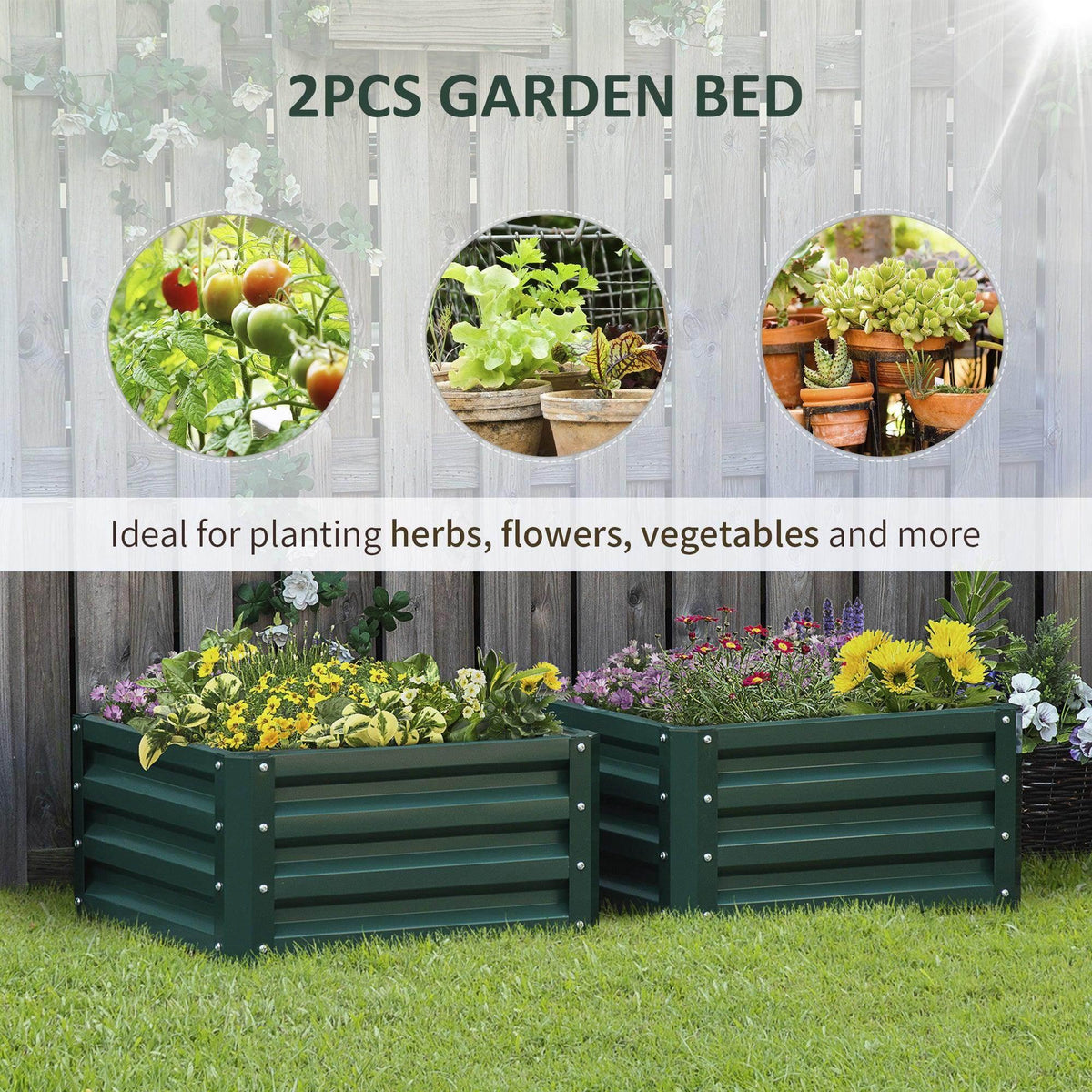 Two green raised garden planter boxes with slatted sides, outdoors beside grass