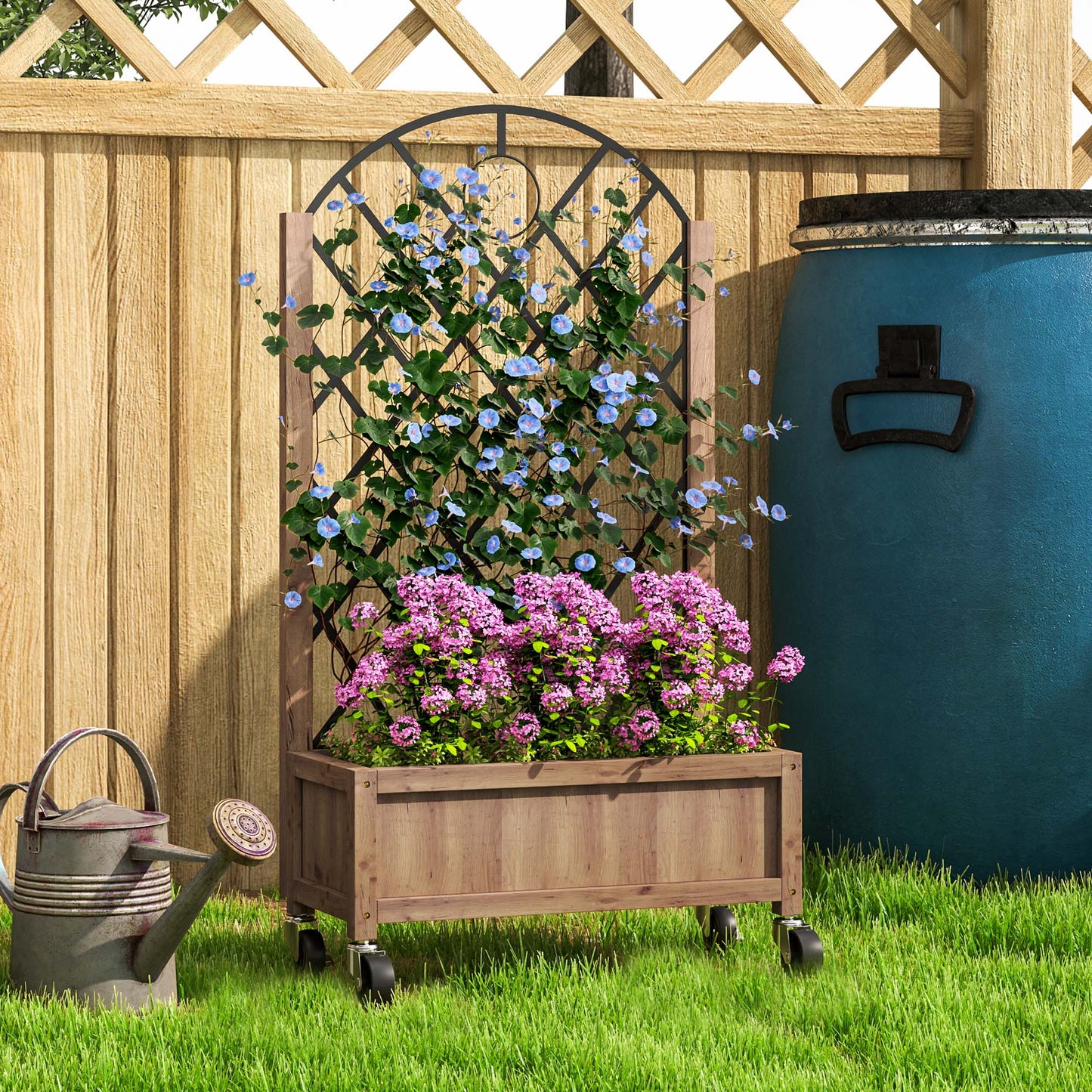 Outsunny Wooden Planter With Metal Trellis On Wheels Two In One 20x47cm Diamond Shaped Trellis Brown Black