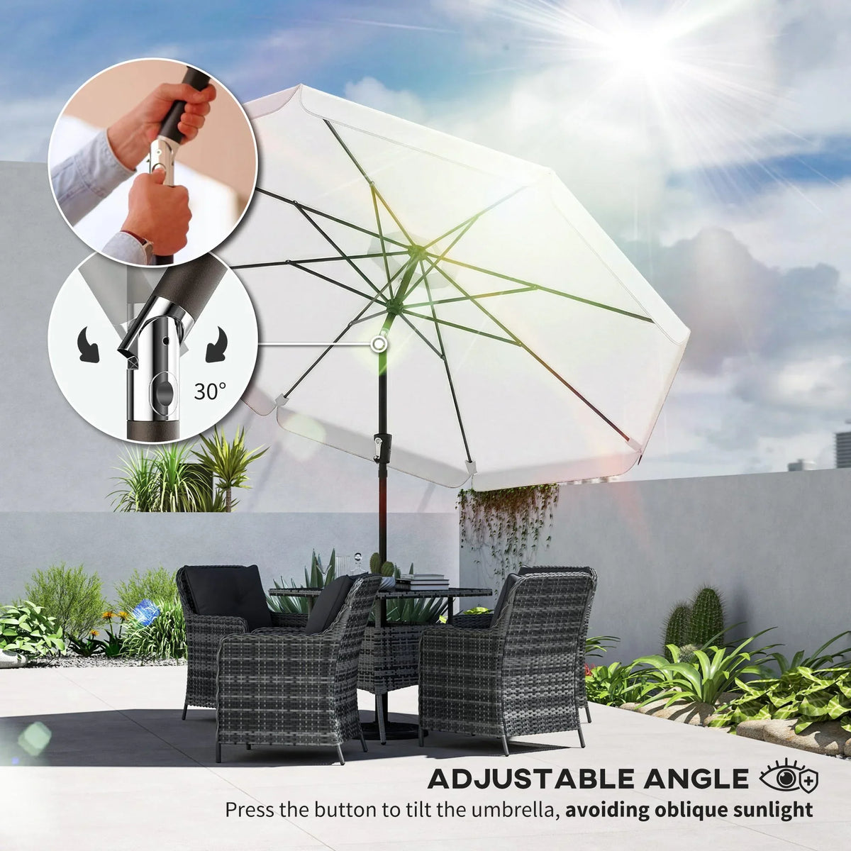 Cream white patio umbrella showing manual crank crank-handle and adjustable tilt angle