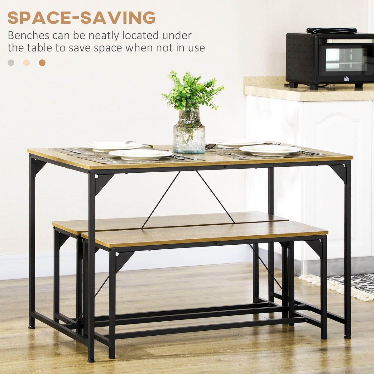 Space-saving dining table with bench underneath, wood-look top and black frame