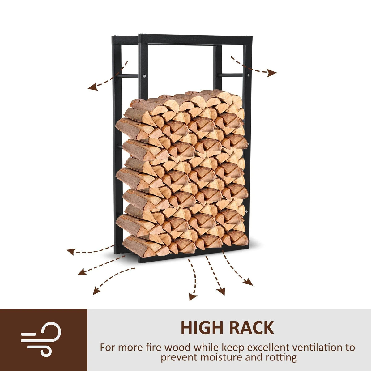 Tall metal log holder filled with firewood, airflow design with open frame