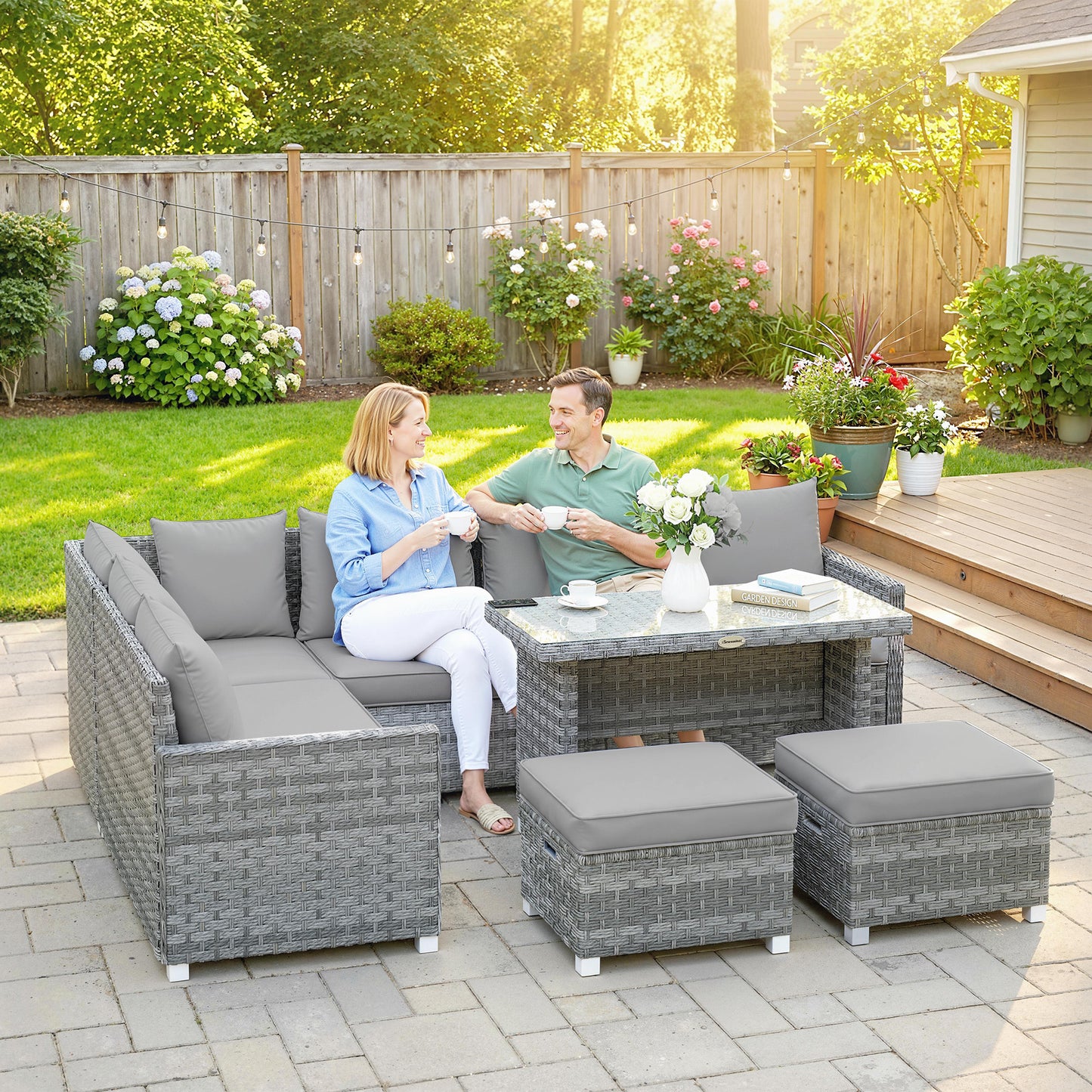 Outsunny 6 Seater L Shaped Rattan Garden Furniture Set With 3 Sofas 2 Footstools And Dining Table Grey