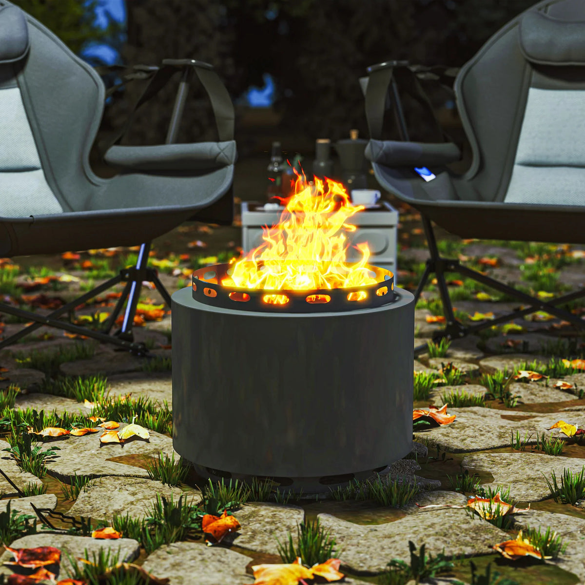 Dark grey round fire pit with flames on stone patio, centered on ground