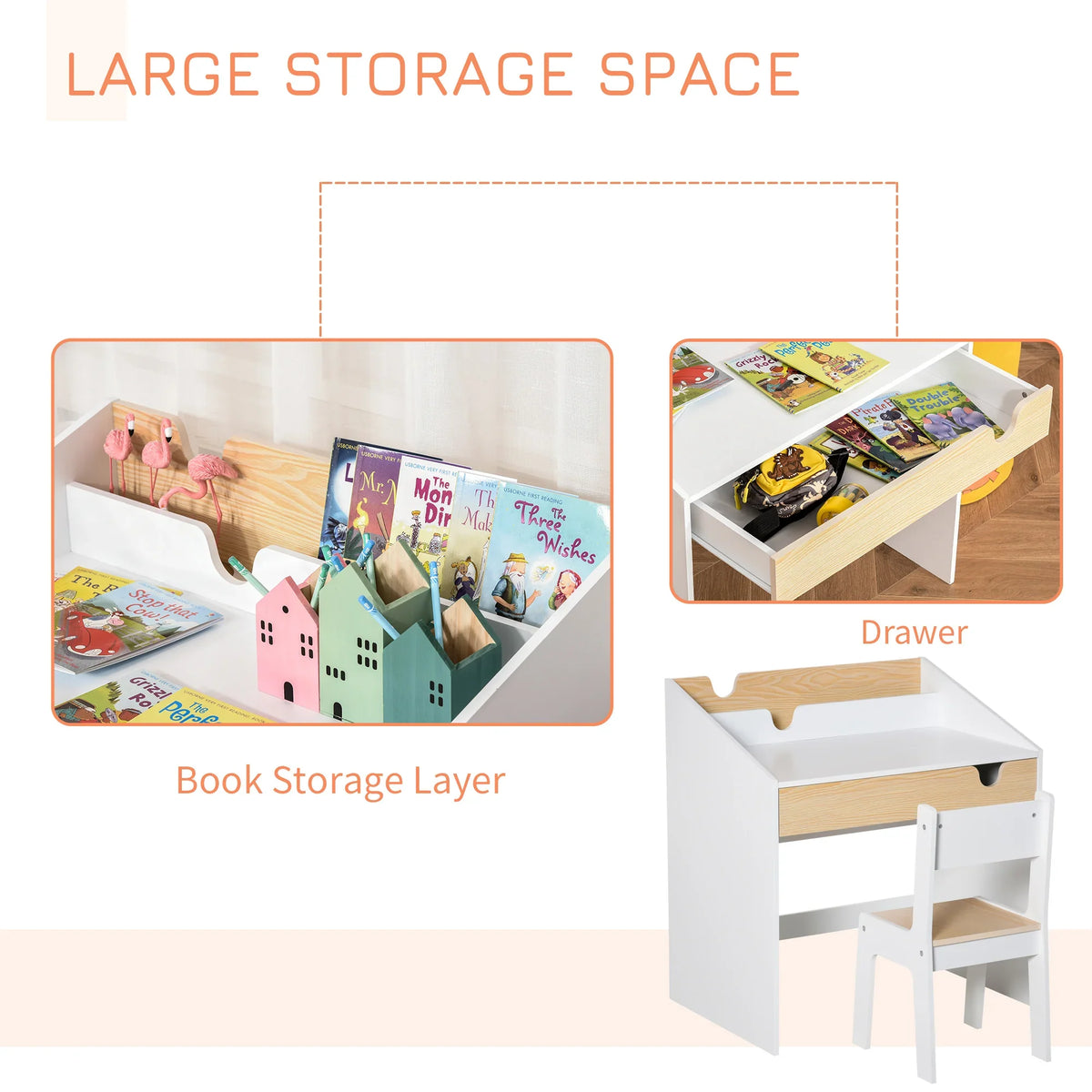 Kids desk with book storage shelf and pull-out drawer, plus matching white chair