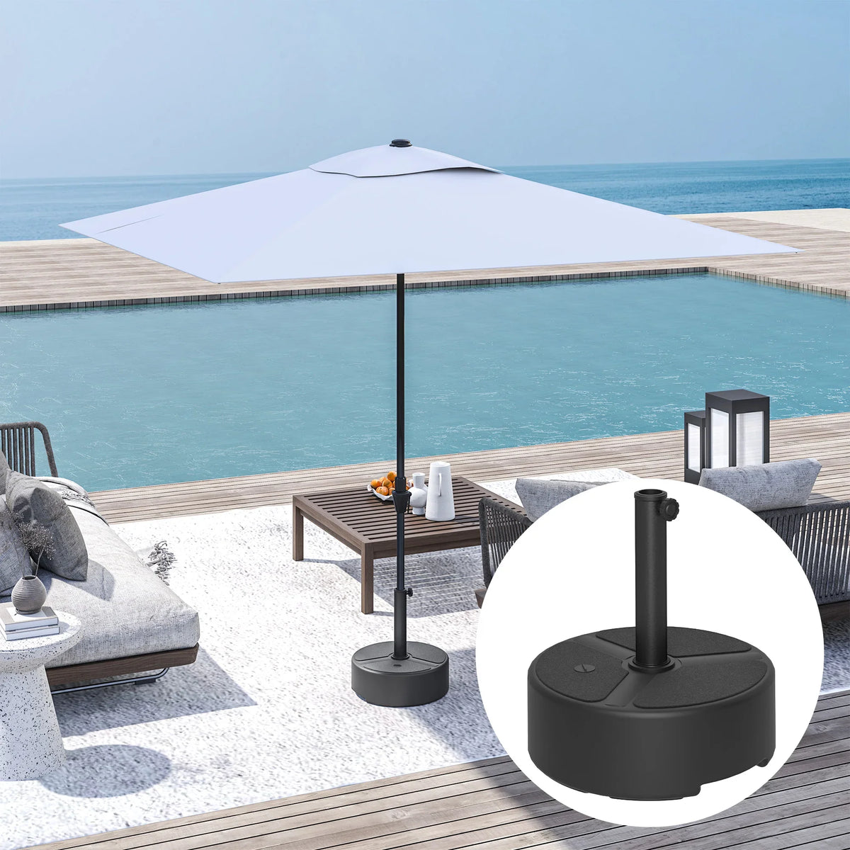 Black round parasol base with center pole holder on poolside wooden deck