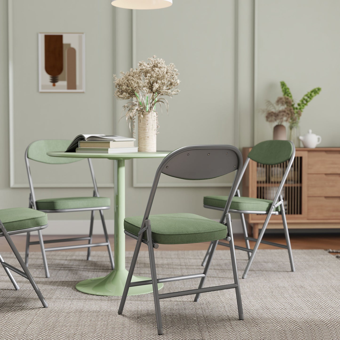 HOMCOM Set Of Four Folding Corduroy Chairs Green Padded Seat And Back Steel Frame