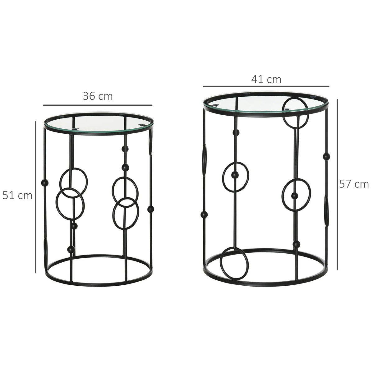 Black metal nesting coffee tables set of 2 with round glass tops, with size labels