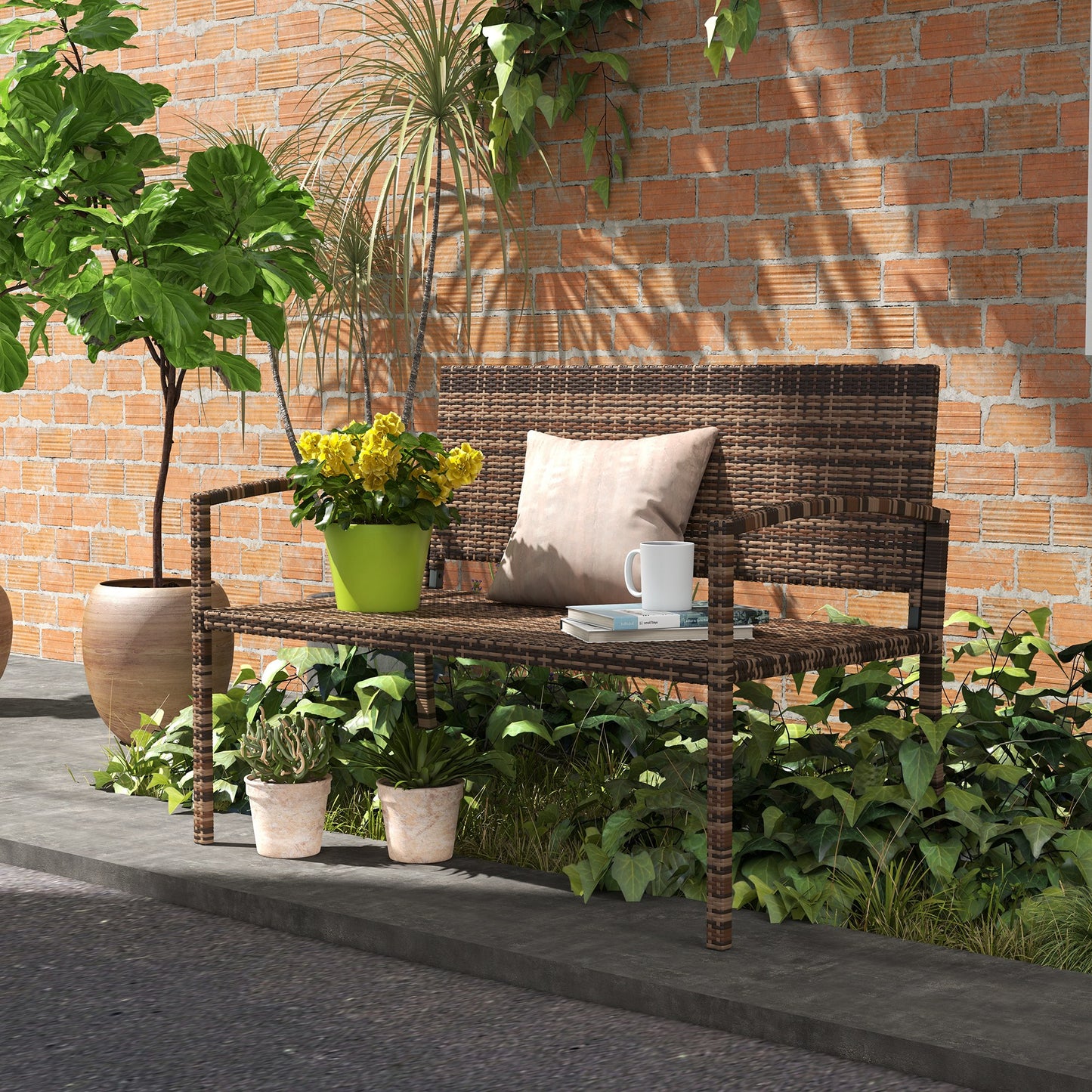 Outsunny All Weather Wicker Garden Loveseat 2 Seater Poly Rattan Garden Bench Outdoor Seating Brown