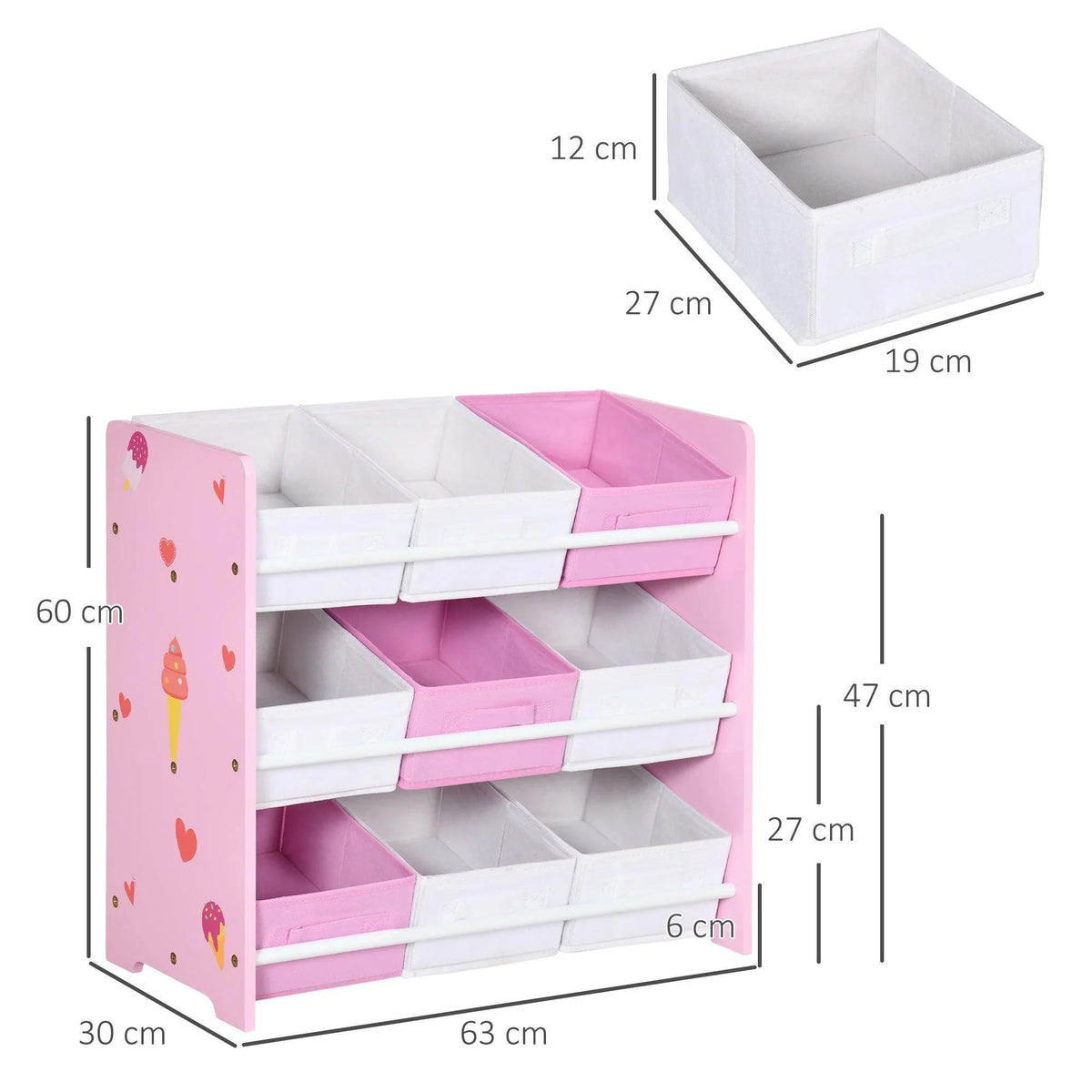Pink-and-white storage cabinet with open shelves and removable fabric bins