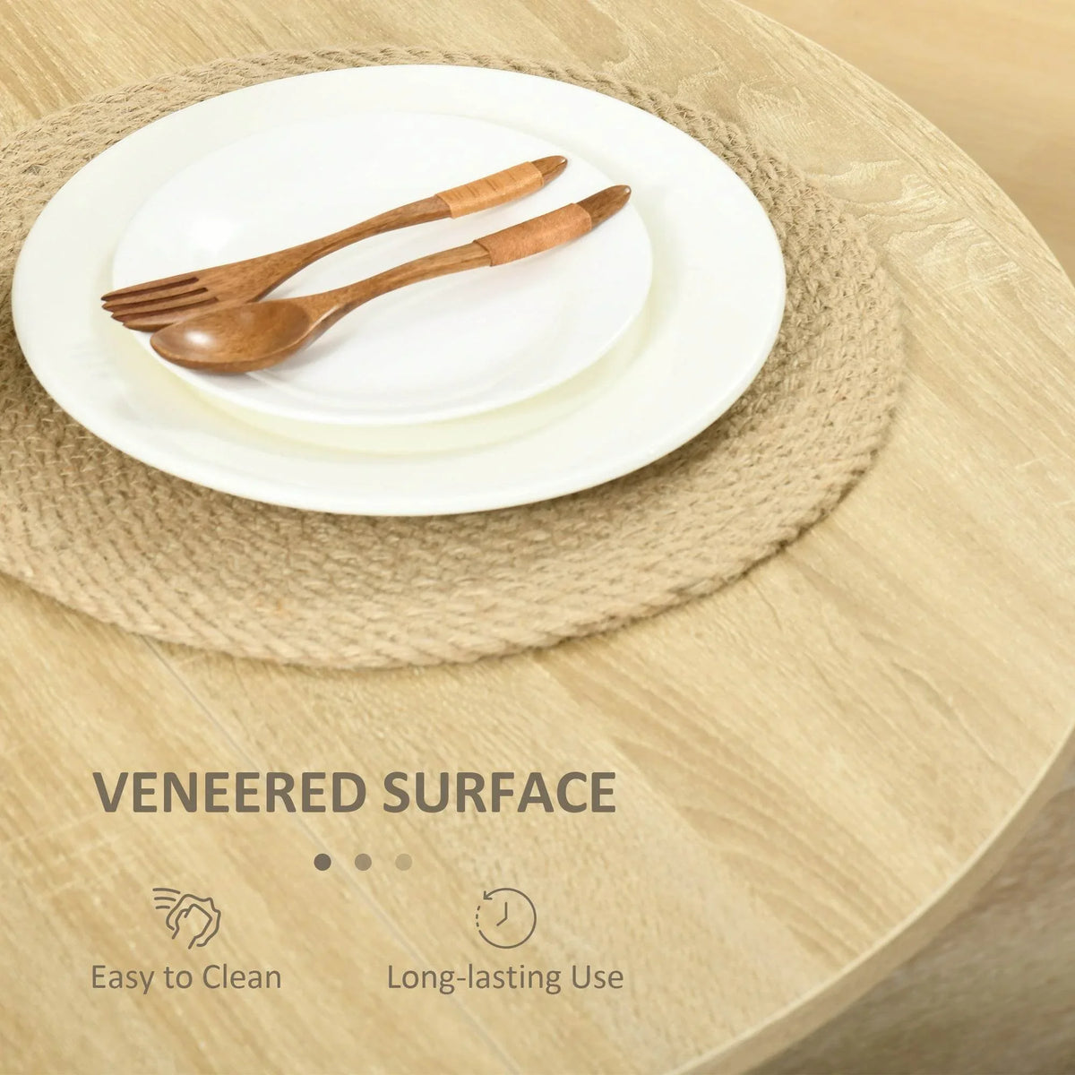 Light oak veneered tabletop with visible woodgrain and drop-leaf edge