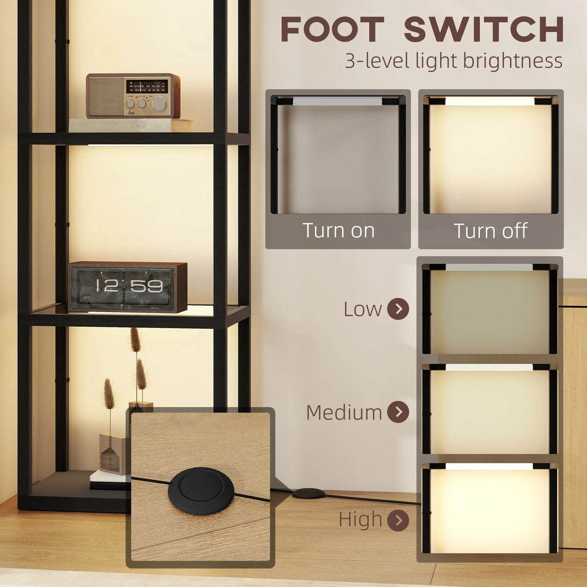 Black four-shelf floor lamp with 3-level brightness foot switch and warm light