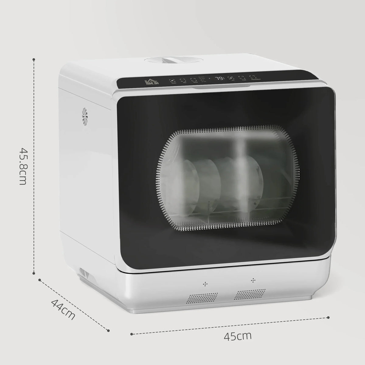 Compact countertop dishwasher front view with 45cm x 44cm dimensions