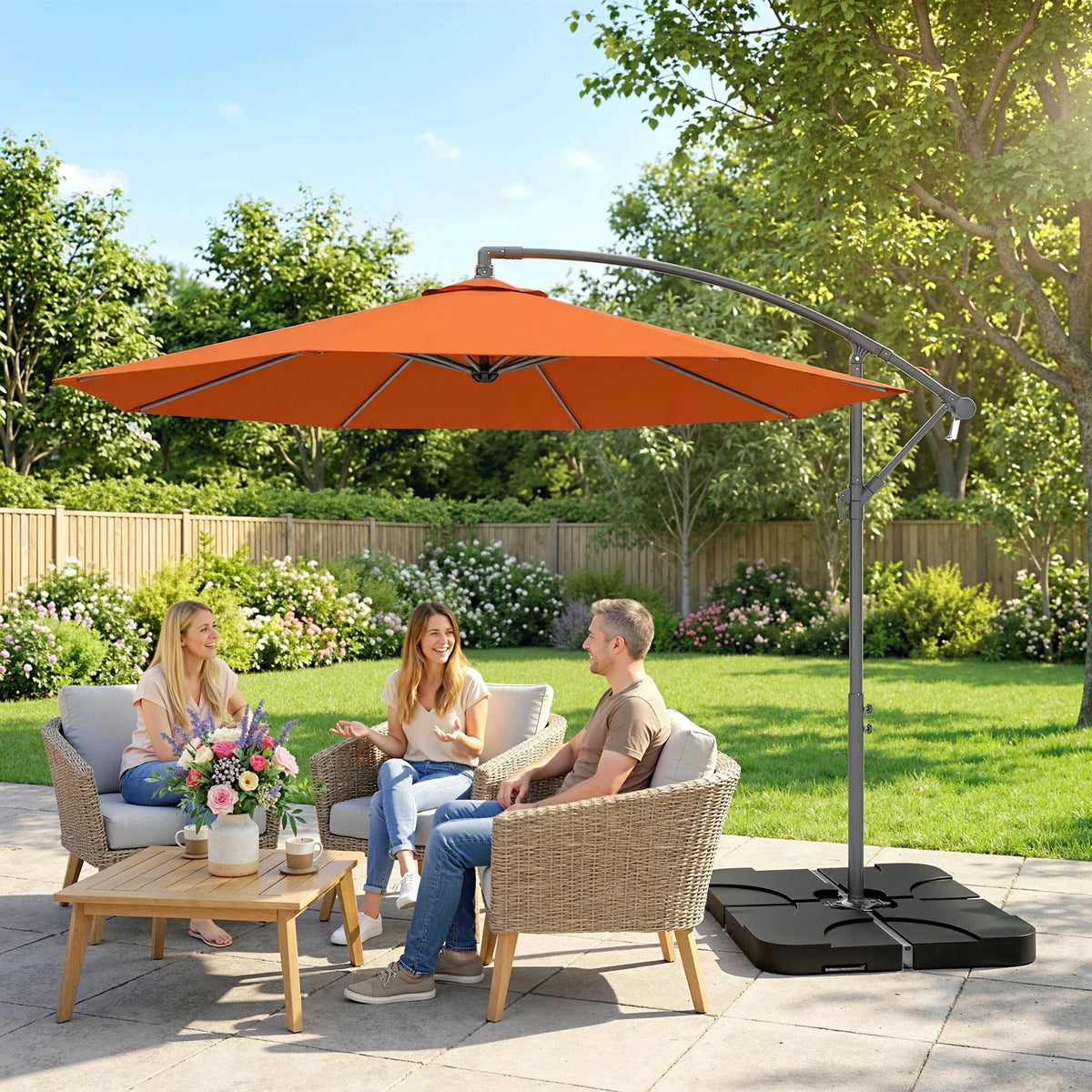 Orange cantilever patio parasol shading outdoor seating area.