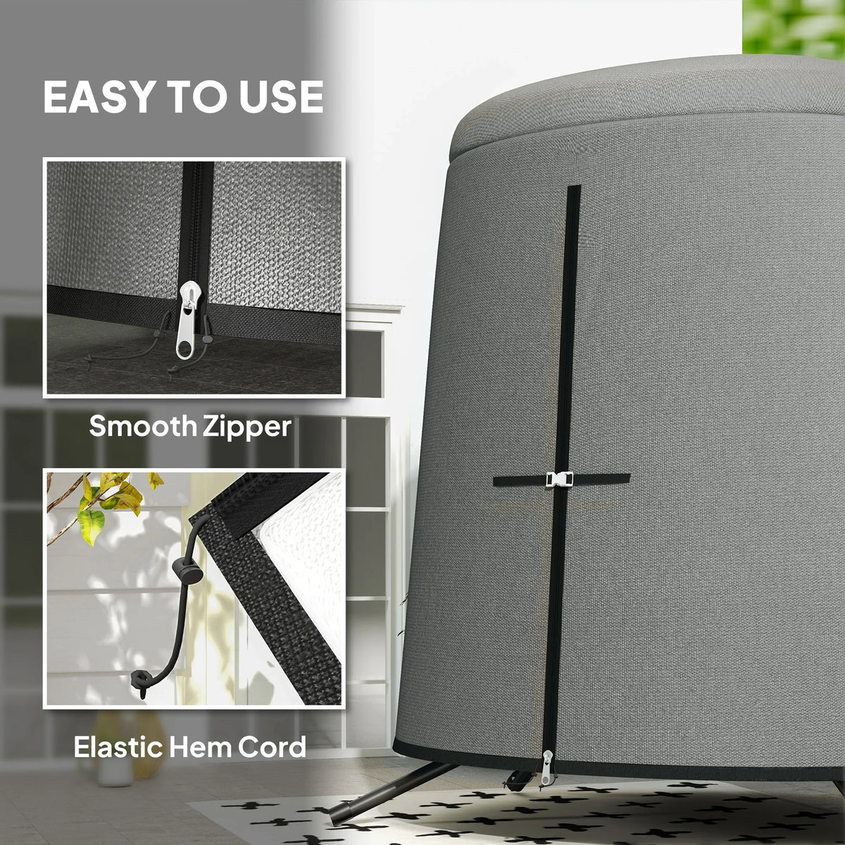 Grey protective cover with smooth zipper and elastic hem cord fastening at the bottom.