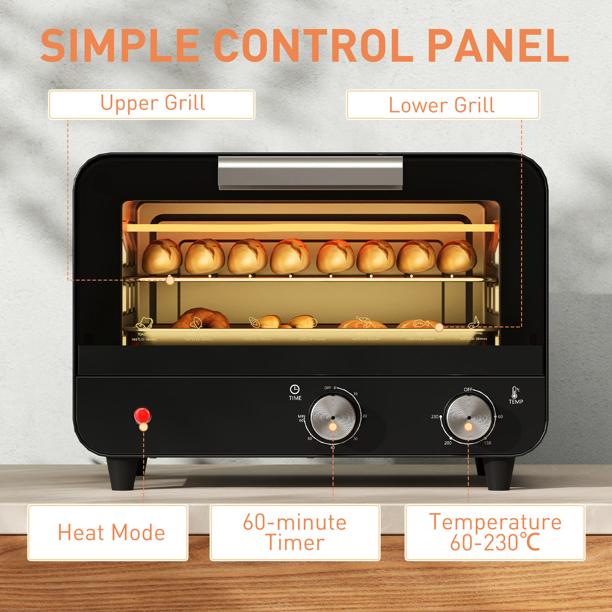 Black mini countertop toaster oven with two control knobs and open interior heating elements
