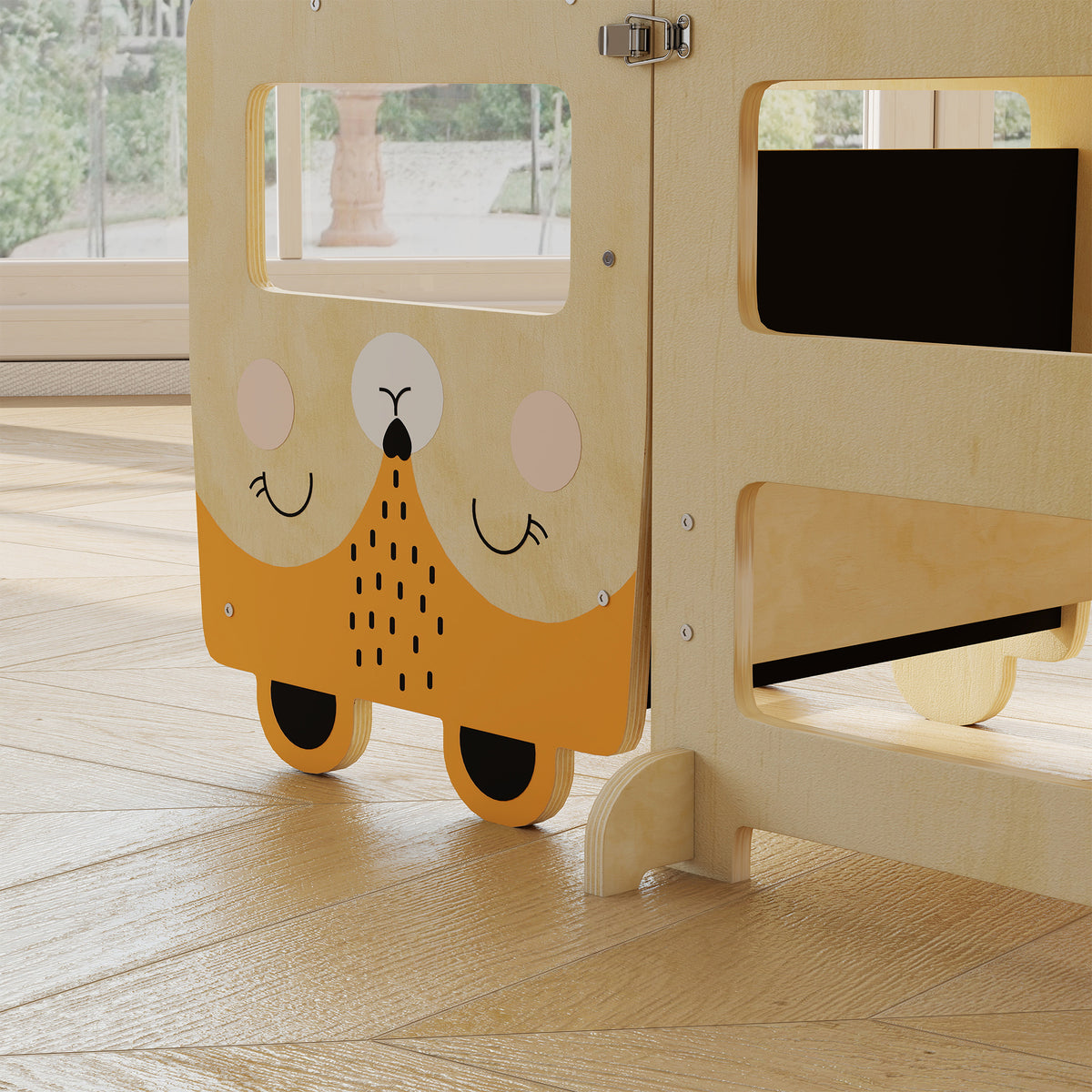 Fox-shaped wooden toddler step stool tower with chalkboard and open storage shelves