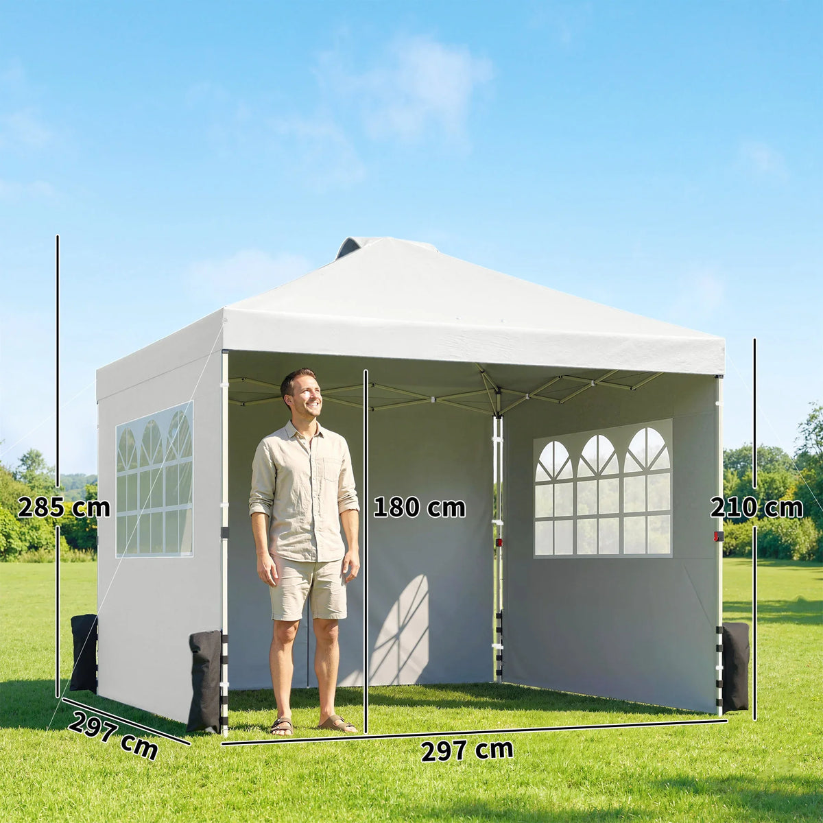 White 3x3 m pop-up gazebo with adjustable frame and three windowed side panels