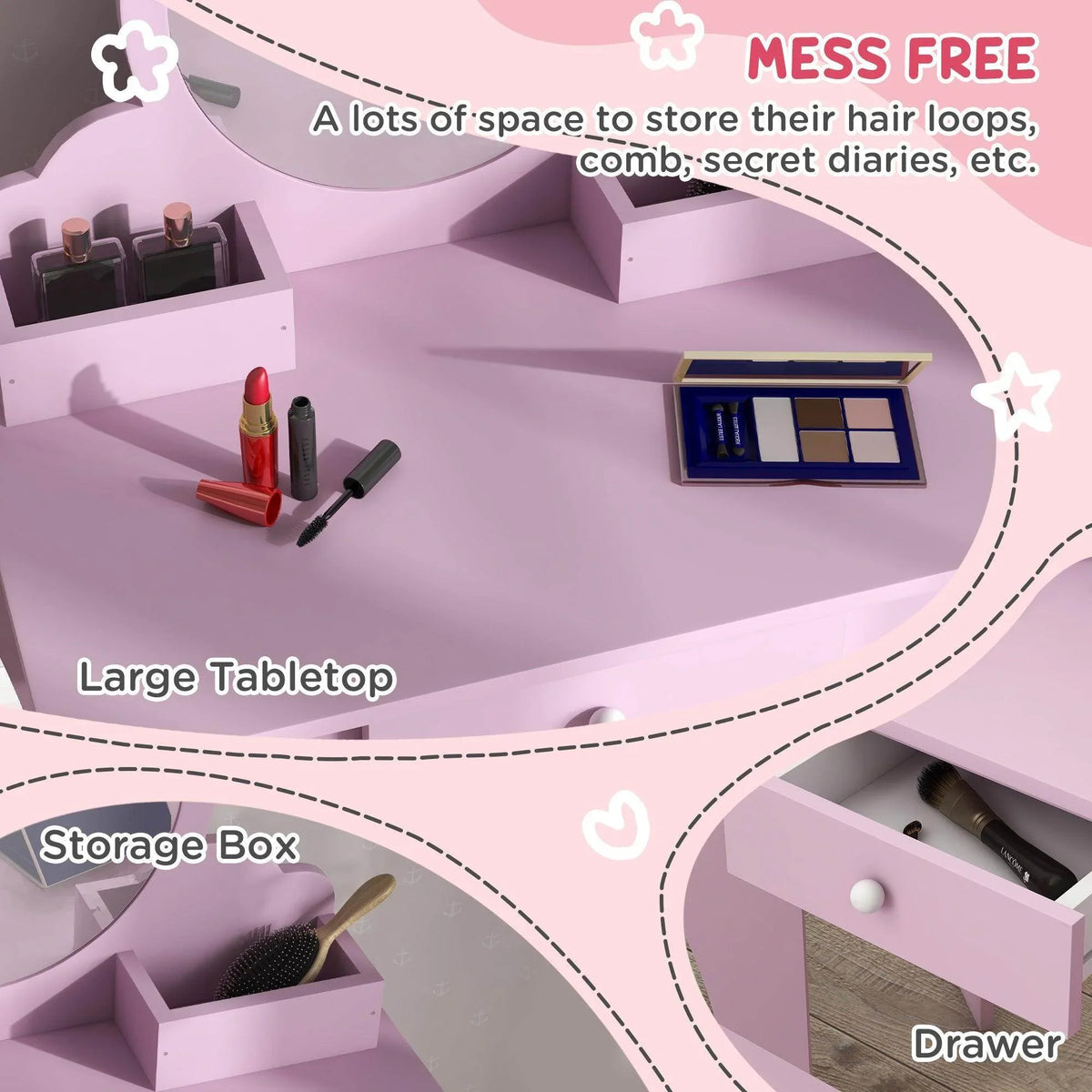 Pink vanity tabletop with mirror, storage box compartments, and drawer