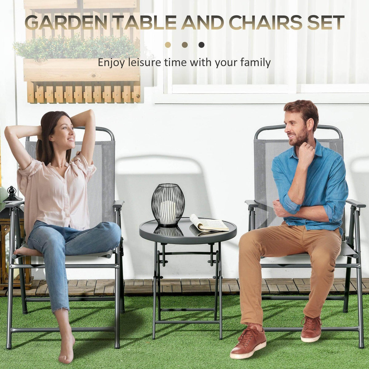 Outdoor bistro table and chairs set with light grey mesh chairs and round side table