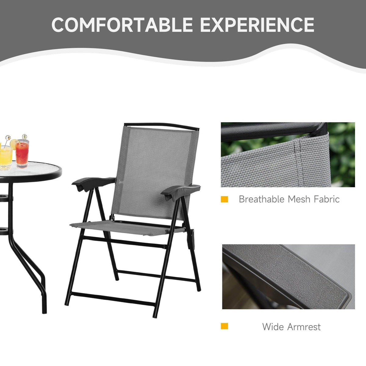 Grey mesh patio chair with wide armrests and breathable seat back