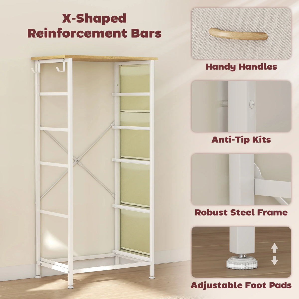 Beige fabric drawer chest with X-shaped reinforced bars, anti-tip kits, and adjustable feet