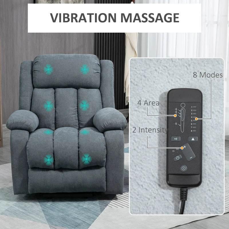 Dark grey fabric lift recliner chair with vibration massage and handheld remote