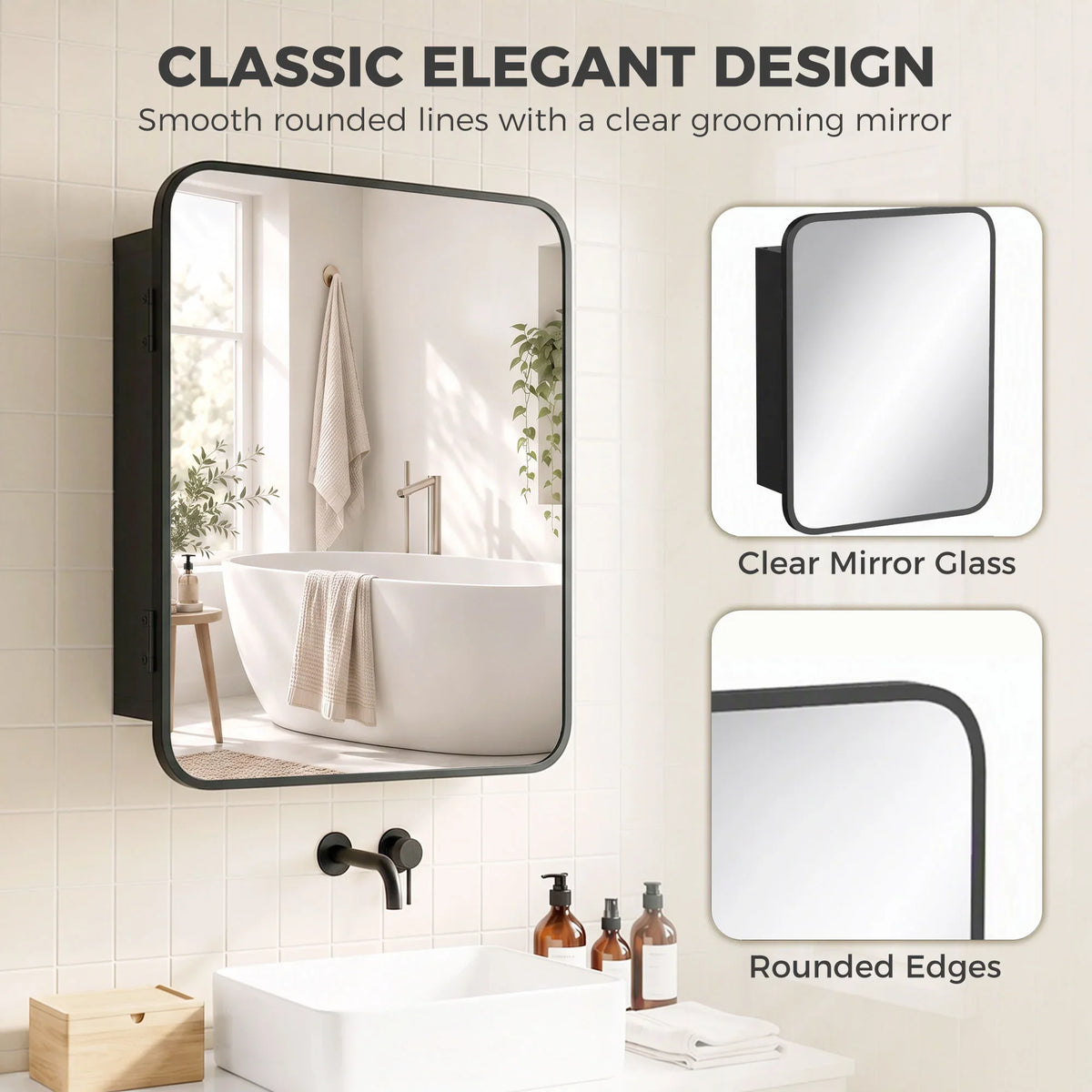 Wall-mounted bathroom medicine cabinet with clear mirror glass and rounded edges