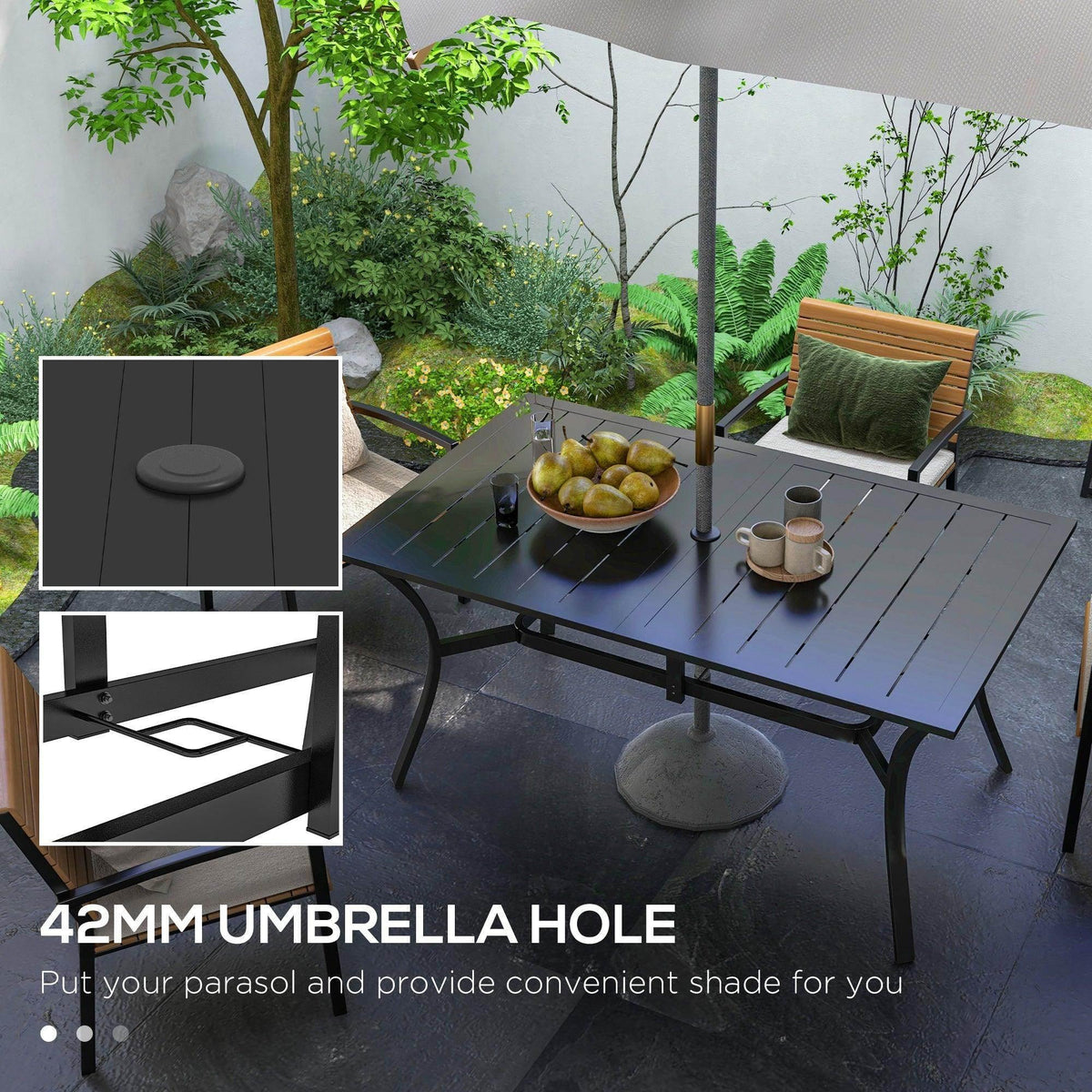 Black patio dining table with slat tabletop and central umbrella pole base