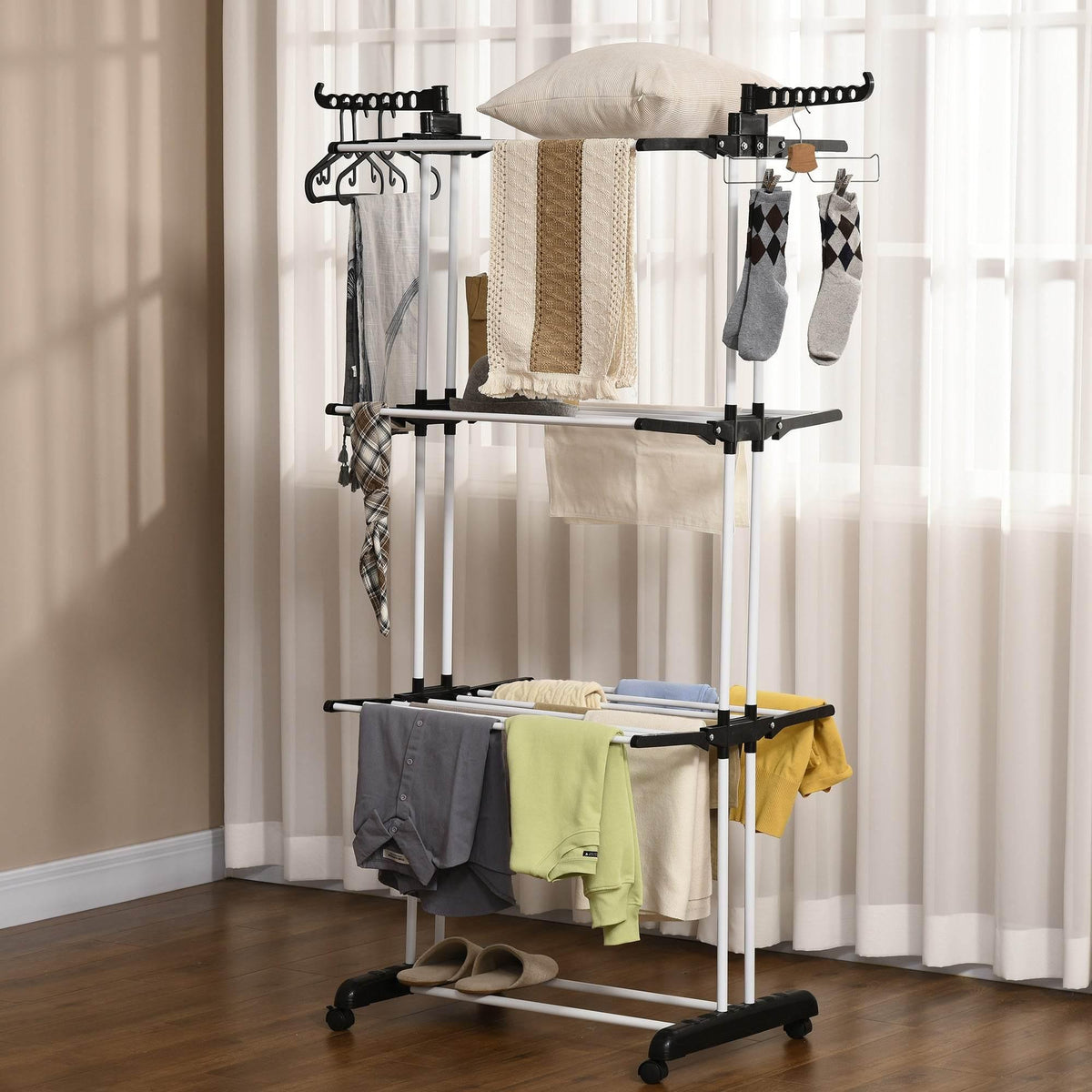 Black 4-tier foldable steel laundry drying rack with wheels and hanging hooks