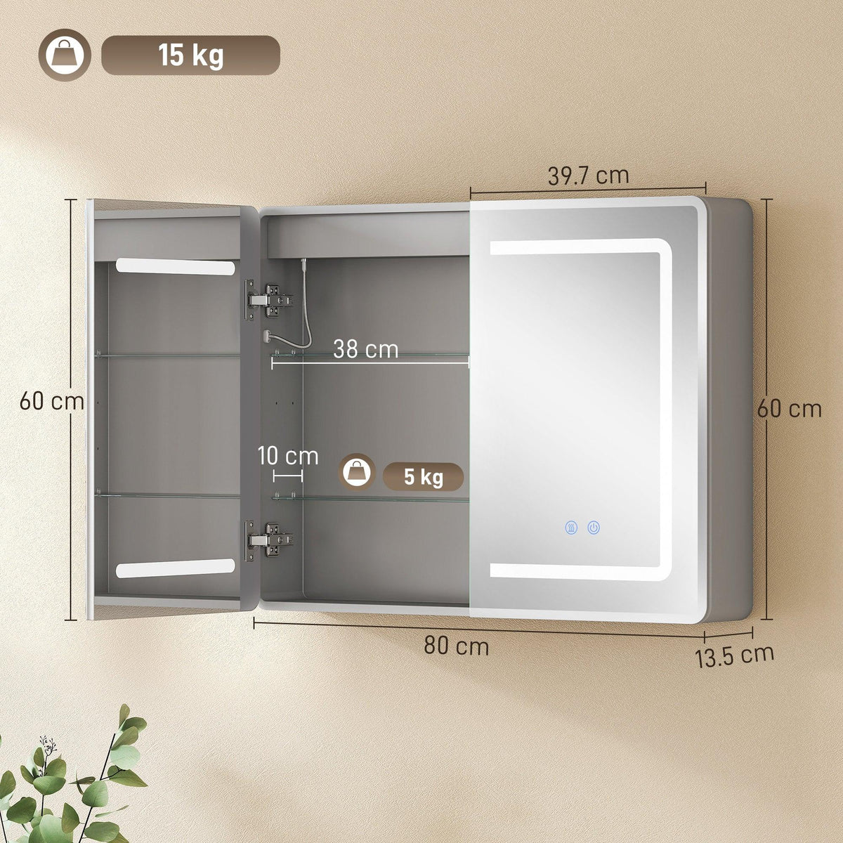 Mirrored bathroom cabinet with open doors, interior shelves, and LED-lit outline